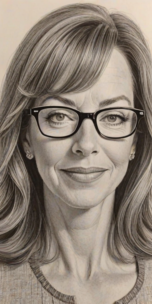 Lovely Allison Janney, pencil sketch, portrait of Sublime woman 1961s in glasses, hair style beatnik, outline, clear lines, fine lines, 8k