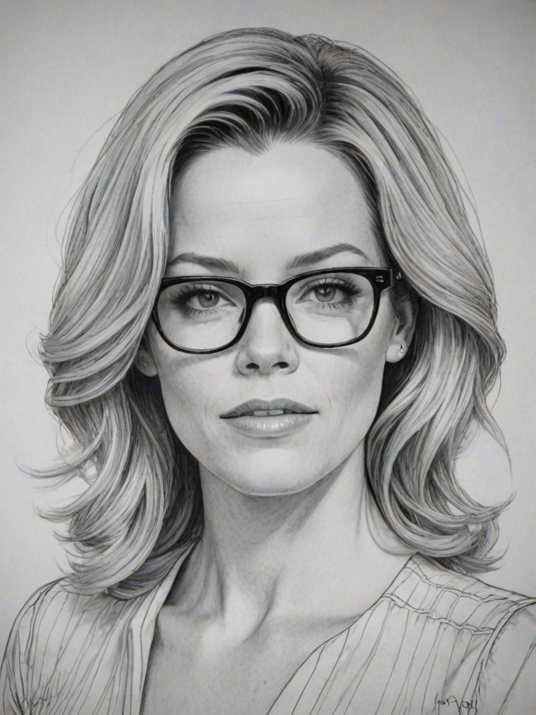 Pleasing Elizabeth Banks, pencil sketch, portrait of Captivating woman 1971s in glasses, hair style beatnik, outline, clear lines, fine lines, 8k