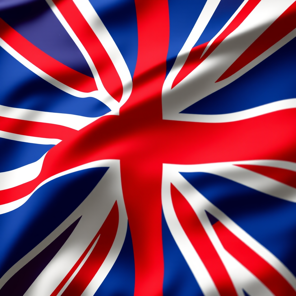 Generate an image of a flag combining elements of the Union Jack and a similar design, using a DSLR camera with a 50mm lens, aperture set to f/8, ISO 100, shot from a low angle to enhance detail and clarity.
