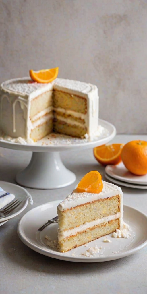 Create an image of a layered cake with a smooth icing drizzle on top. The cake should be displayed on a white cake stand, showcasing three layers with a slice cut out to reveal the interior. The setting should have a soft, warm light, and the background should be minimalistic to emphasize the cake. Include a decorative touch on top, like a slice of orange or a sprinkle of powdered sugar. The plate under the slice should be simple, with a fork beside it.
