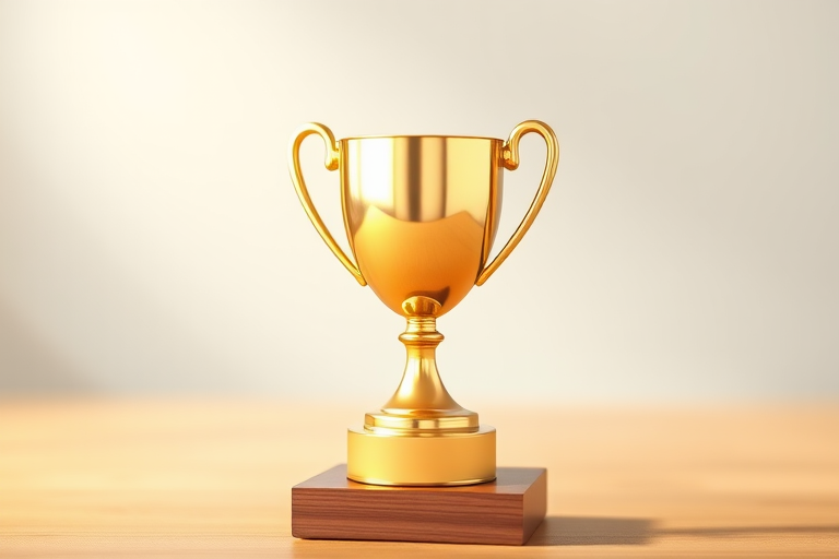 Create a high-resolution 3D rendering of a shiny gold trophy on a wooden base, captured with a DSLR camera at f/2.8 aperture, 50mm lens, ISO 100, in a soft focus style with warm lighting and a slight depth of field to emphasize the trophy.