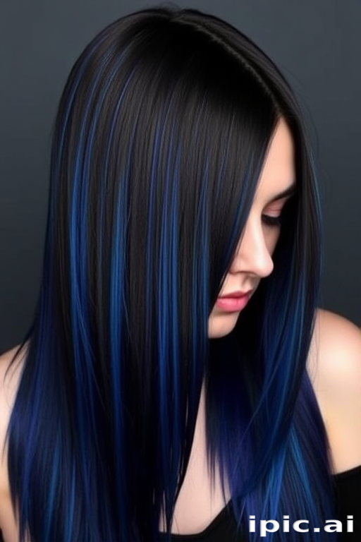 Striking jet black hair with electric blue tips dubbed "Midnight Lightning," falls in a pin-straight curtain from roots to waist, featuring a dramatic contrast between the dark base and vivid ends, exuding an air of mystery and edginess