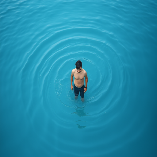 Generate an image of a person standing in shallow water, with an abstract representation of water swirling around them in shades of blue, captured with a DSLR camera at ISO 100, f/2.8, 50mm lens, in a portrait orientation with a soft-focus background.