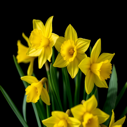 Close-up shot of bright yellow daffodils with lush green leaves on a black background, using a DSLR camera, 50mm lens, f/2.8 aperture, ISO 100, 1/200 sec shutter speed, natural light for soft shadows, focus on flowers with a shallow depth of field.