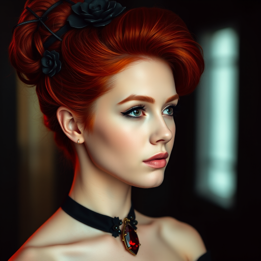 A young woman with bright red hair styled in a voluminous updo adorned with black floral accents, wearing a black choker with a large red gemstone pendant, looks off to the side with a slightly pensive expression, her face softly lit against a dark background.  The image is composed as a portrait, shot from a close-up perspective, with the subject filling most of the frame.  The woman's skin appears fair and flawless, with a subtle glow.  The overall atmosphere is elegant and slightly dramatic.