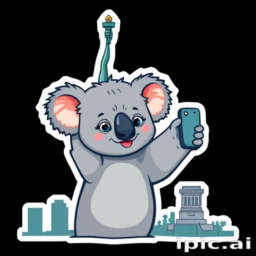 sticker, cute koala taking a selfie at the Statue of Liberty, black background