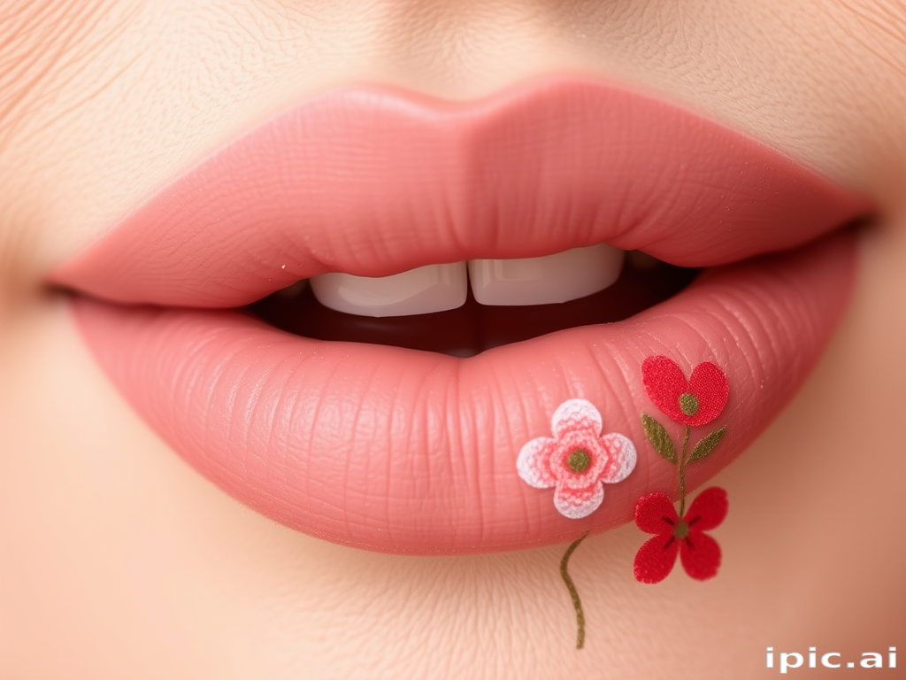 Dusty rose lips with a suede-like texture, named "Vintage Bloom," featuring a soft matte finish and delicate, hand-painted floral accents for a whimsical touch