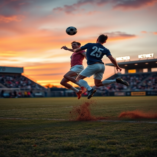 Blurry action shot, soccer field at dusk, two players mid-jump, both reaching for the ball, dirt kicking up beneath their feet, stadium lights starting to flicker on, spectators in the background, sky painted in deep oranges and purples, grass worn down from a hard-fought game.