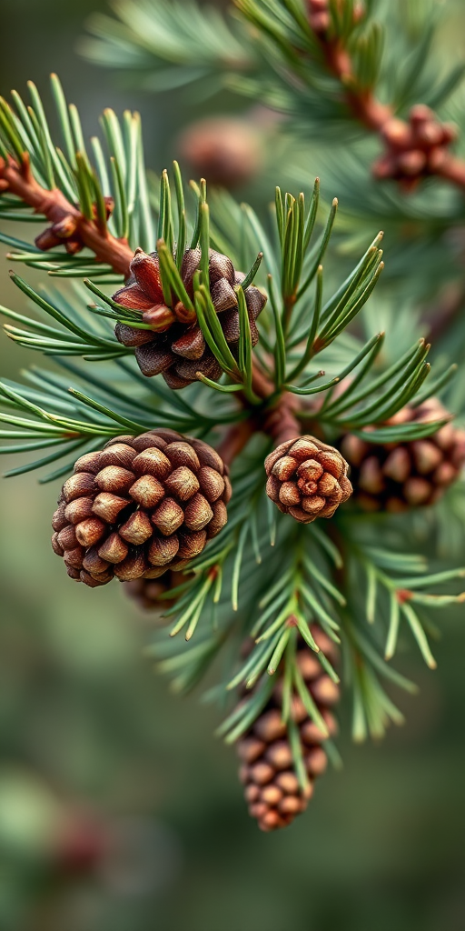Create a high-resolution image of pine branches with cones, using a macro lens, f/2.8 aperture, 100mm focal length, natural lighting, soft focus background.