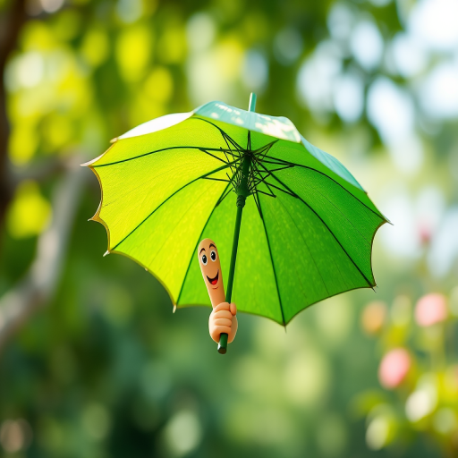 Create a whimsical illustration of cartoonish fingers with faces holding a large green leaf umbrella, set against a blurred soft-focus nature background to enhance depth, using a DSLR camera, f/2.8 aperture, 50mm lens, 1/200s shutter speed, and natural light for brightness and vibrance.
