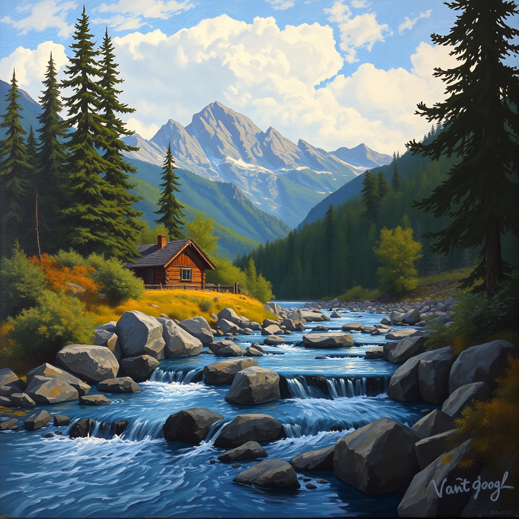 This Van Gogh-inspired painting depicts a peaceful scene of a small cabin located near a flowing river. The scene is surrounded by lush vegetation, including tall trees and rocky terrain. In the background, majestic mountains rise under a sky filled with rolling clouds. The river gently cascades over the rocks, adding a sense of movement and tranquility to the scene. The use of vibrant colors and detailed brushstrokes create a sense of depth and harmony in the natural setting.