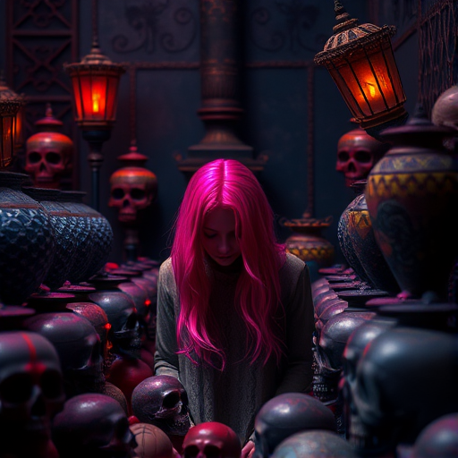 Create a scene featuring a figure with vibrant pink hair interacting with a collection of skulls and colorful urns in a dark, atmospheric setting, using a DSLR camera with an aperture of f/1.8, ISO 200, and a focal length of 50mm, positioned at eye level with a shallow depth of field to enhance details and create a moody ambiance.