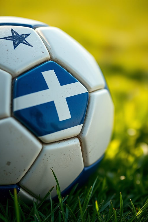 highly detailed close-up of a soccer ball with the Greek flag design, soft natural lighting, 50mm lens, f/2.8 aperture, ISO 100, shot with a DSLR camera