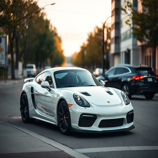 photograph of a white sports car parked on the street with a black car in the background, shallow depth of field, f/2.8 aperture, ISO 100, 50mm lens, full-frame camera, natural lighting, evening golden hour