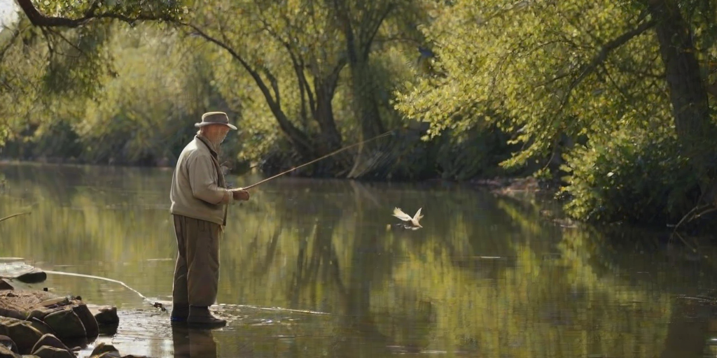 Old man fishing by a tranquil river, his line cast into the still water, with birds chirping in the trees overhead.