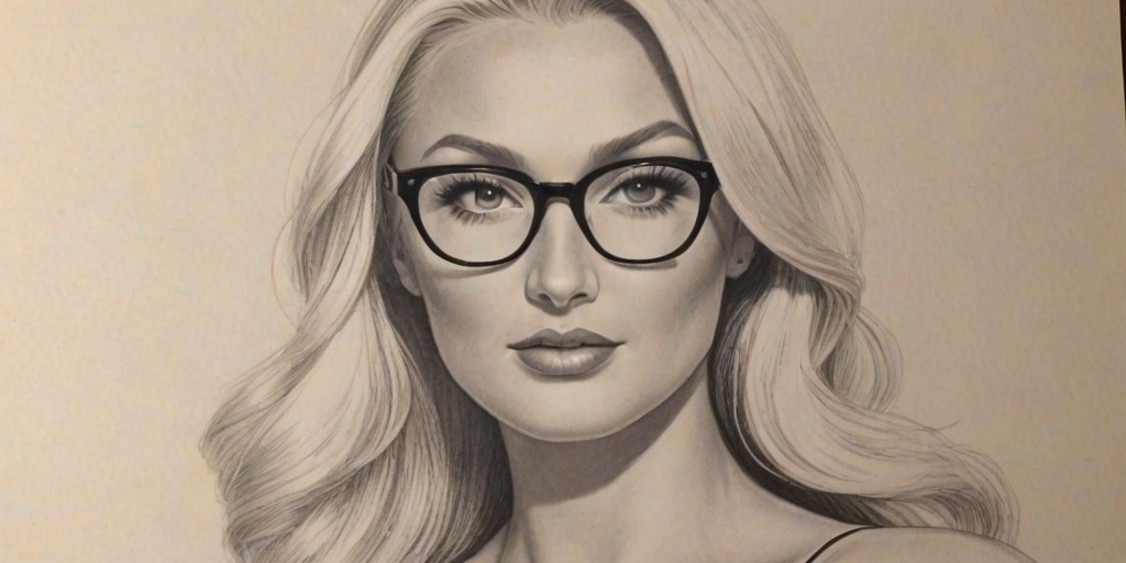 Stunning Brooke Hogan, pencil sketch, portrait of Dazzling woman 1948s in glasses, hair style beatnik, outline, clear lines, fine lines, 8k