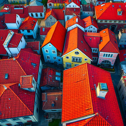 aerial view of colorful rooftops in a quaint town, emphasis on red-tiled roofs and architectural details, captured with a Canon EOS R5, 35mm lens, aperture f/8, ISO 100, high dynamic range, vibrant colors, sharp focus