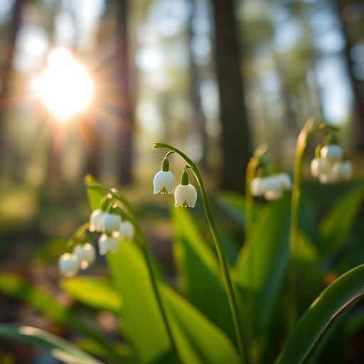 lily of the valley flowers in a sunlit forest, soft focus, macro photography, aperture f/2.8, ISO 100, shutter speed 1/250s, 35mm lens