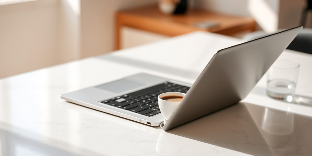 A sleek laptop open on a white marble countertop next to a small espresso cup and a glass of water, captured in soft natural light, with a shallow depth of field, using a Canon EOS R5, 50mm lens, aperture f/1.8, ISO 100, shutter speed 1/200s, focusing on the coffee cup while softly blurring the background.