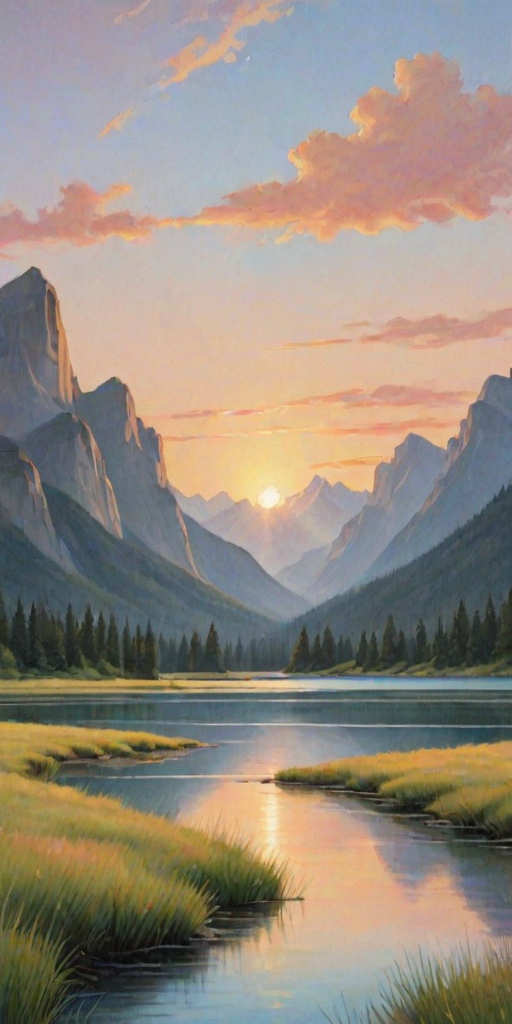 a serene landscape painting featuring a calm body of water surrounded by mountains at sunset, with soft pastel colors and gentle grassy foreground elements