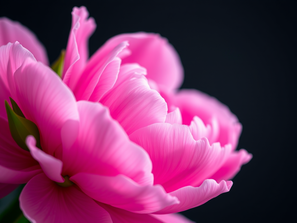 close-up of a pink peony flower on a black background, macro lens, aperture f/2.8, ISO 100, 50mm lens, soft focus background, natural light