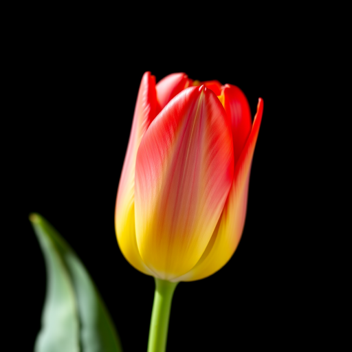 Capture a close-up of a vibrant red and yellow tulip against a black background, using a DSLR camera with a 50mm lens, aperture set to f/2.8 for a shallow depth of field, shutter speed at 1/125 sec for clarity, and soft natural lighting to enhance the colors.