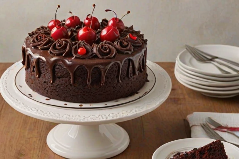 Create a decadent chocolate cake topped with whipped cream, chocolate curls, and bright red cherries. The cake should have a rich, moist texture and be presented on a simple wire rack. Include a soft, neutral background to highlight the cake's details.