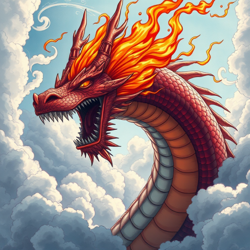 A highly detailed illustration of a mythical dragon with vibrant red and orange flames on its head, surrounded by swirling clouds, captured from a low angle using a DSLR camera with a 50mm lens, f/1.8 aperture, ISO 100, and natural light to enhance colors and textures.