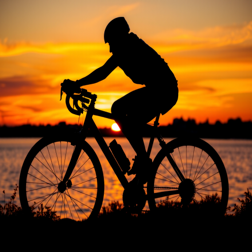 silhouette of a cyclist against a vibrant sunset with orange and yellow hues reflecting on the water, shot with a 50mm lens at f/2.8, ISO 100, 1/250s, landscape orientation, in natural lighting, using a DSLR camera