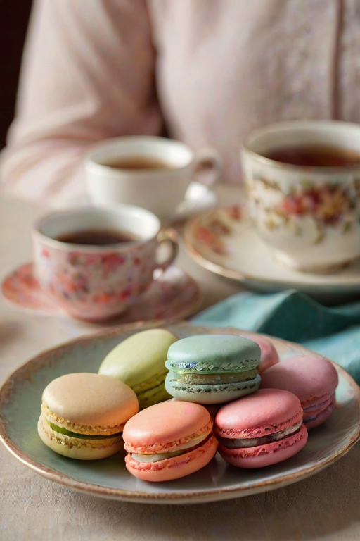 Warmly lit photo of a colorful assortment of macarons on a delicate plate, soft light highlighting the vibrant colors and a cup of tea beside it.
