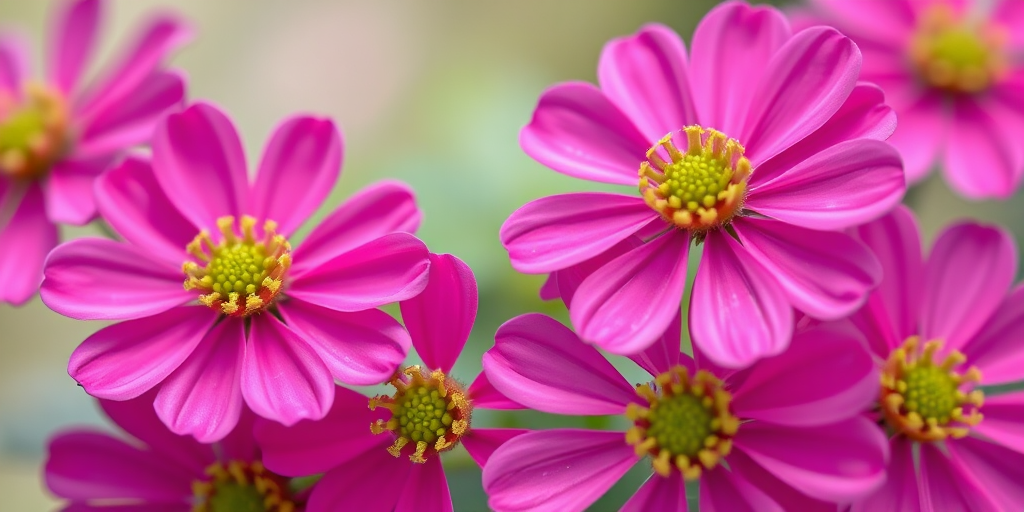 macro shot of vibrant pink flowers with green centers in soft focus background, aperture f/2.8, shutter speed 1/200s, ISO 100, DSLR camera, 50mm lens, natural lighting, top-down view