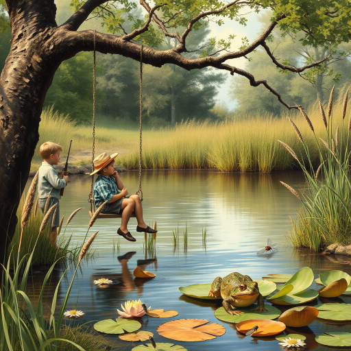 Imagine a small group of old fashioned young boys out fishing by the creek, a swing hanging from a tree branch, reeds and grasses by the water's edge, a frog sitting on a lily pad, dragonflies hovering over som water plans, a very iconic old fashioned scene reminiscent of a Norman Rockwell painting style