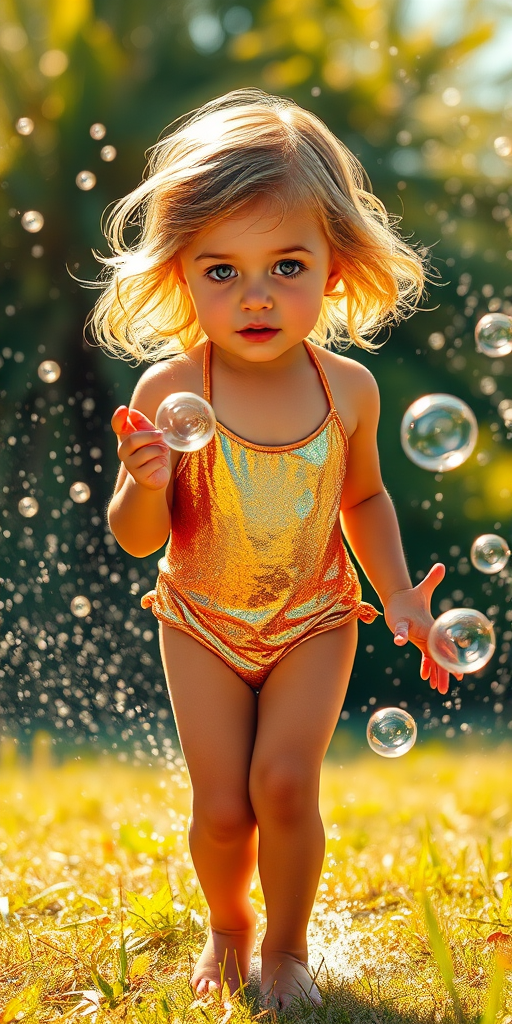 An airbrushed magic pop art Impressionism style of a sun-kissed tan little girl, with a translucent glow, with an metallic gold one piece swimsuit, golden brown eyes flowy golden brown blonde hair, bare feet, playing in the sprinklers, blowing bubbles filled with lightning magic, illuminated summer landscape. Iridescent gold