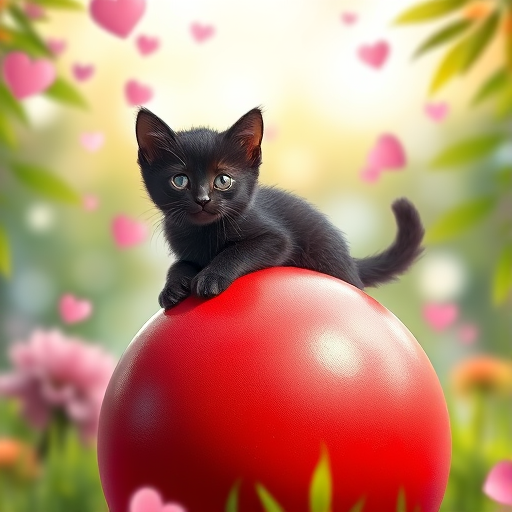 Create a vibrant digital illustration of a black kitten perched playfully on a large red ball, surrounded by a whimsical summer background with soft bokeh effects, lush green leaves, and floating hearts, captured with a Canon EOS R5 at f/1.8, 1/200s, ISO 100, in a wide-angle perspective with a focus on vivid colors and a dreamy atmosphere.