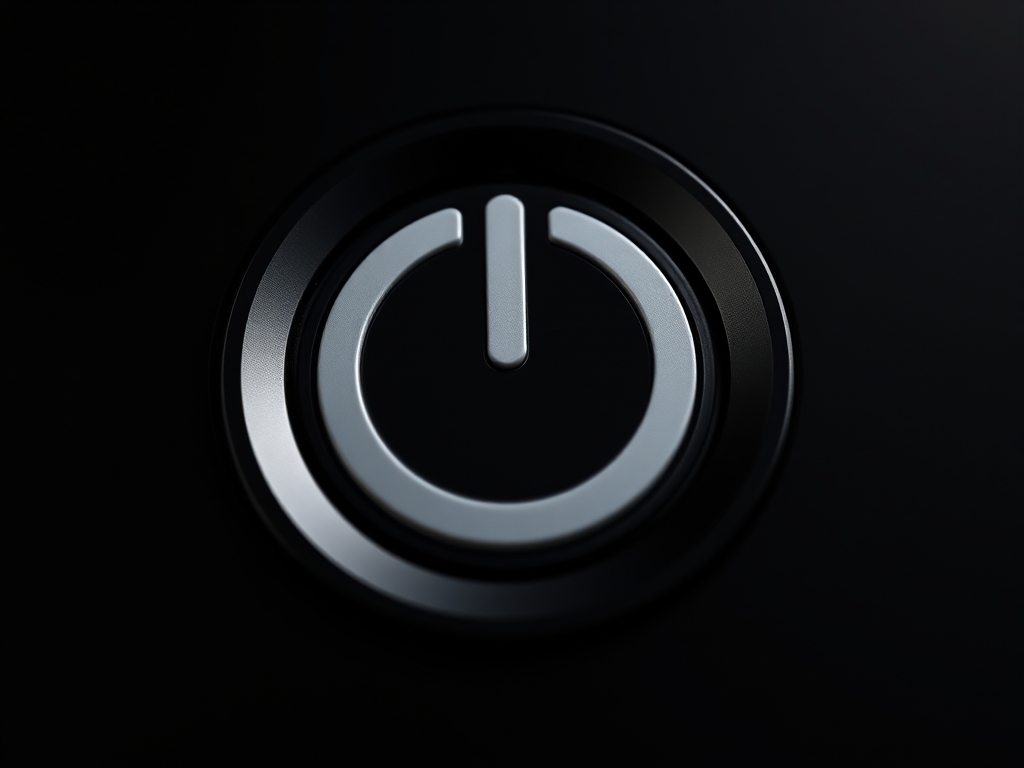 Create a high-resolution image of a power button icon with a glossy black background, using a professional DSLR camera with a 50mm f/1.8 lens, aperture set to f/4, ISO 100, and a low-angle view to enhance depth and clarity.