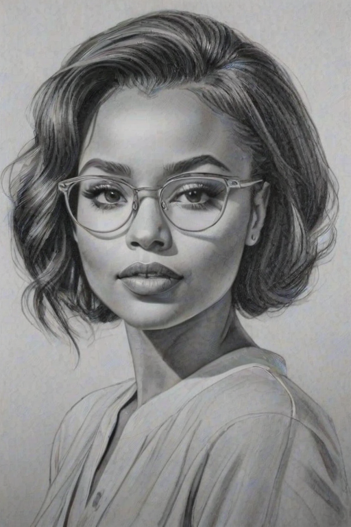 Enchanting Katerina Graham, pencil sketch, portrait of Dazzling woman 1943s in glasses, hair style beatnik, outline, clear lines, fine lines, 8k