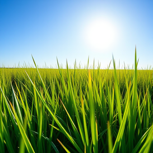Generate a high-quality image of a vibrant green grass landscape under a clear blue sky with a bright sun, using a DSLR camera with a 35mm lens, aperture f/8, ISO 100, and a wide-angle view for enhanced depth.