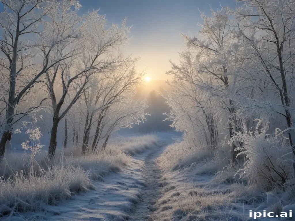 A Serene Winter Pathway Surrounded by Frosty Trees and Morning Light