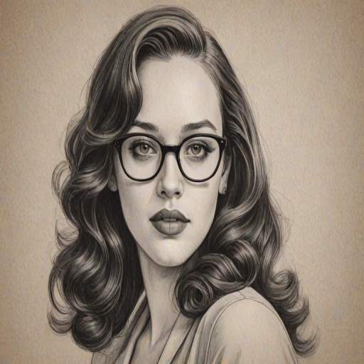 Magnificent Kat Dennings, pencil sketch, portrait of Bewitching woman 1953s in glasses, hair style beatnik, outline, clear lines, fine lines, 8k