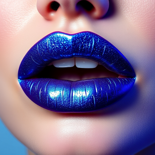 Daring "Electric Blue" metallic lip gloss with holographic shimmer, perfect for avant-garde makeup looks and creative self-expression, offering high-impact shine and dimension