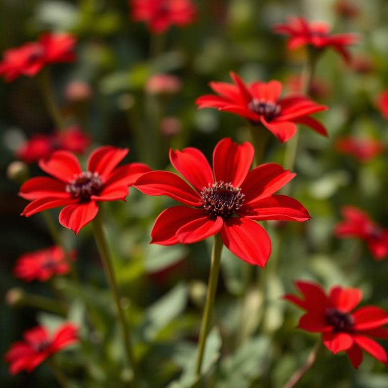 Close-up shot of vibrant red flowers in a garden, f/2.8 aperture, 50mm lens, ISO 100, natural lighting, soft background blur, shallow depth of field, DSLR camera.