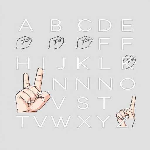 Create an illustration of the alphabet in American Sign Language fingerspelling, with high contrast lines on a solid background, using a DSLR camera with a 50mm lens, aperture f/2.8, ISO 100, shot from a slightly elevated angle to capture clarity and detail.