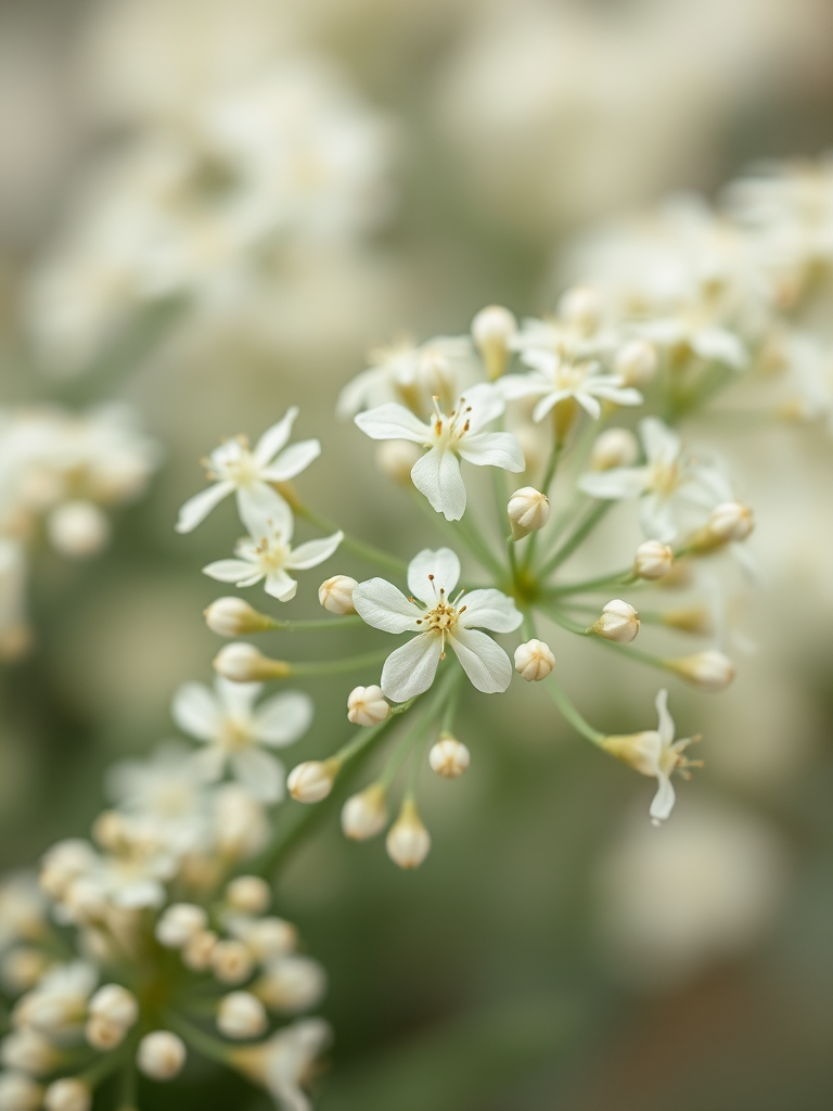 Generate a close-up image of delicate white flowers with a soft background, using a Canon EOS 5D Mark IV, 50mm lens, f/2.8 aperture, ISO 100, and a shallow depth of field for a dreamy effect.