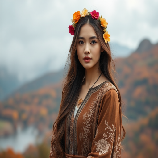 Regenerate a portrait of a serene woman with long hair adorned with flowers, wearing an intricate brown outfit, set against a dreamy landscape of misty mountains and colorful foliage, shot with a Canon EOS R5, 85mm f/1.2 lens, aperture f/2.0, ISO 100, natural soft lighting, enhanced with a slight bokeh effect.
