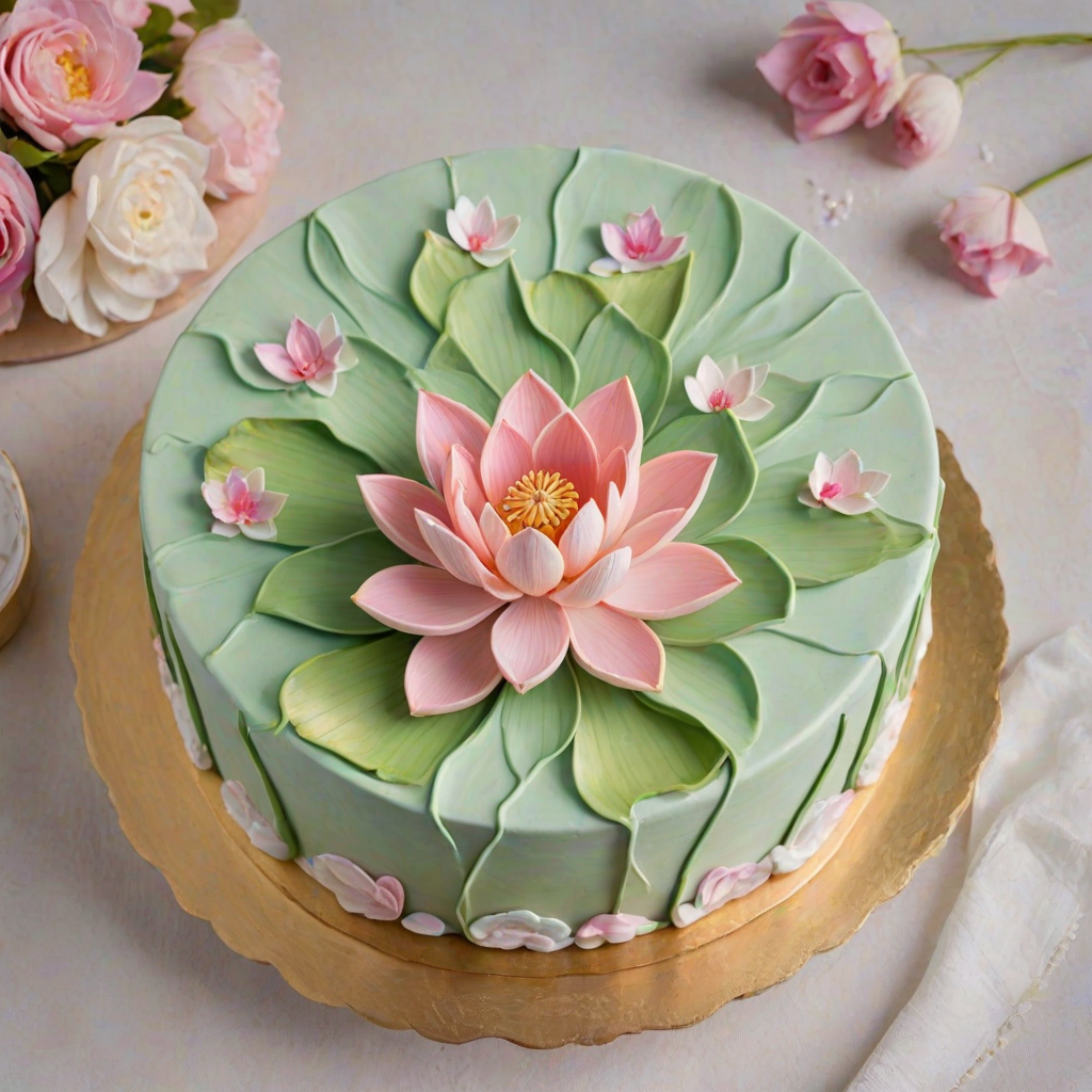 Create an image of a beautifully decorated cake with a smooth pastel green surface. The cake features elegant lotus flowers on top, with shades of pink and white petals. The sides of the cake are adorned with a painted water scene, including gentle ripples and hints of gold shimmer. Surround the cake with soft, flowing fabric and a few delicate flower petals to enhance its presentation.