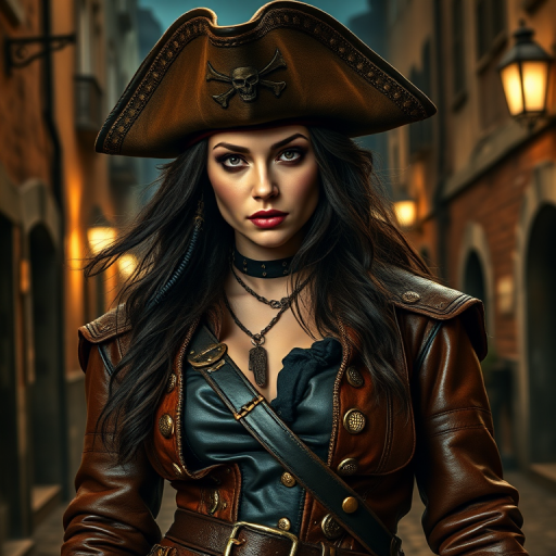 Create a portrait of a fierce female pirate. She wears a leather tricorn hat adorned with a skull and crossbones emblem, and her long, dark hair flows around her face. Her outfit consists of a richly detailed leather jacket, a corset, and multiple layers of belts and accessories, giving her a formidable and stylish appearance. She stands confidently in a dimly lit, historic port town, with a backdrop of weathered buildings and cobblestone streets, capturing the adventurous spirit of a pirate.