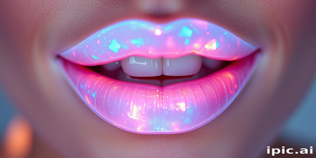 Radiant opal lips shimmer with iridescent white and pastel rainbow hues, creating a magical and ethereal effect perfect for editorial imagery