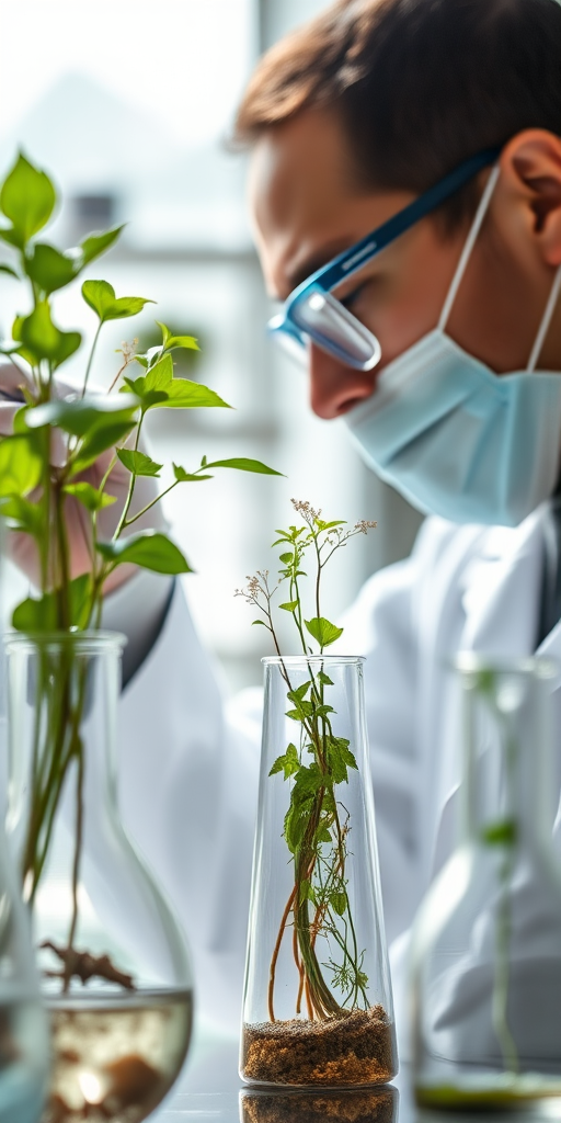 close-up of a scientist in a laboratory carefully examining plants in beakers, bright natural light, shallow depth of field, ISO 100, f/2.8, 85mm lens, DSLR camera, macro photography style