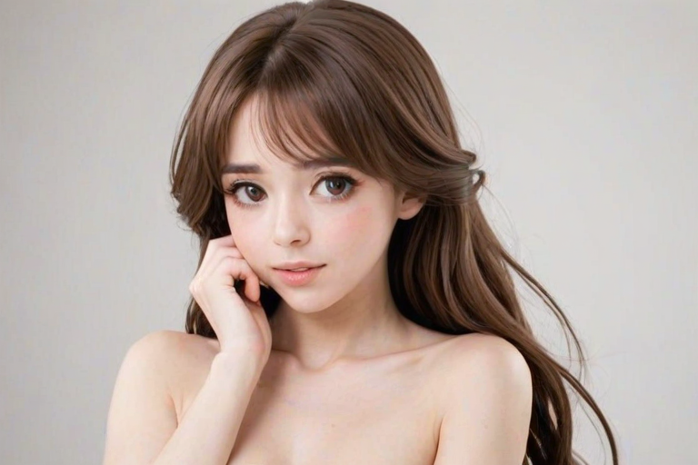 boop, 1girl, brown hair, long hair, solo, wide eyes, upper body, medium breasts, white background, blush