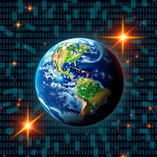 Generate a high-resolution digital artwork of a stylized Earth emerging from a matrix of binary code, with vivid colors and bright stars, captured with a DSLR camera at f/8 aperture, ISO 100, 24mm focal length, wide-angle view, using a macro photography style for enhanced detail.